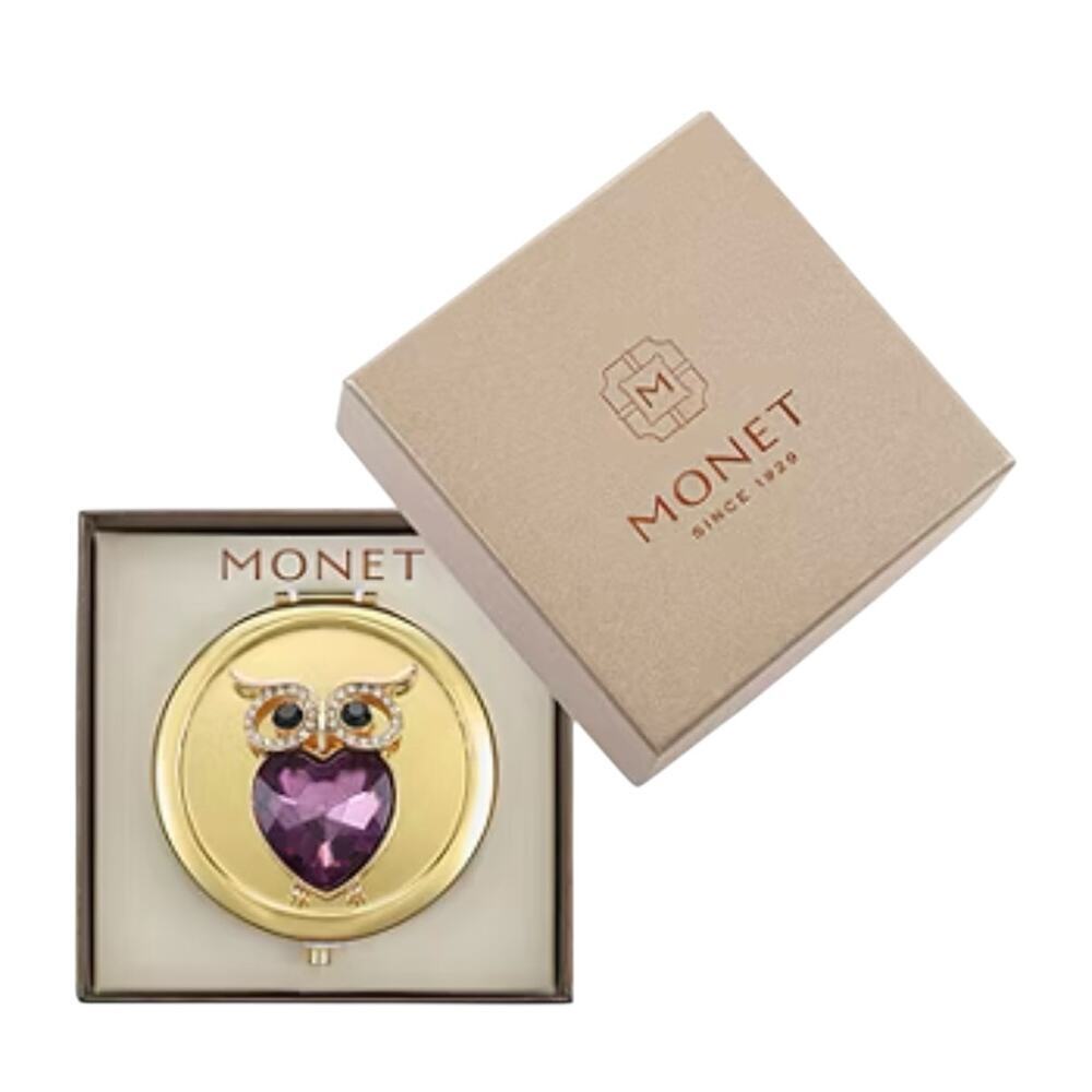 MONET Owl Compact Mirror Gold Tone Rhinestone Purple Crystal Figural New in Box - Picture 2 of 8